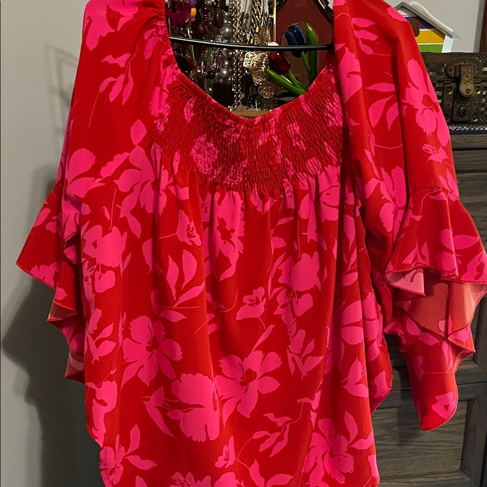 Shein Women’s red pink accents Floral Off-Shoulder Blouse or on shoulder 3x